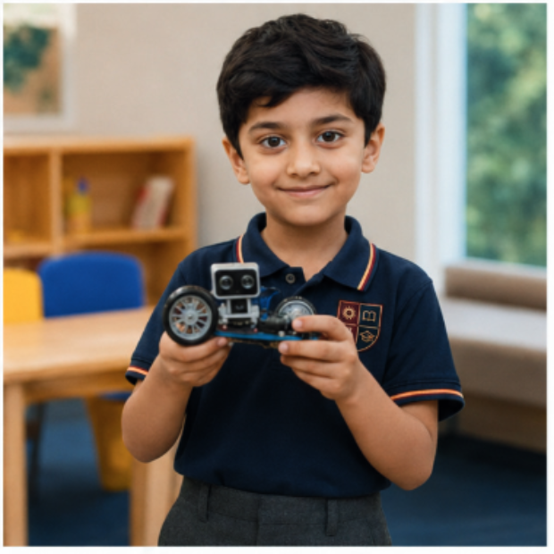 A student with a robotics build